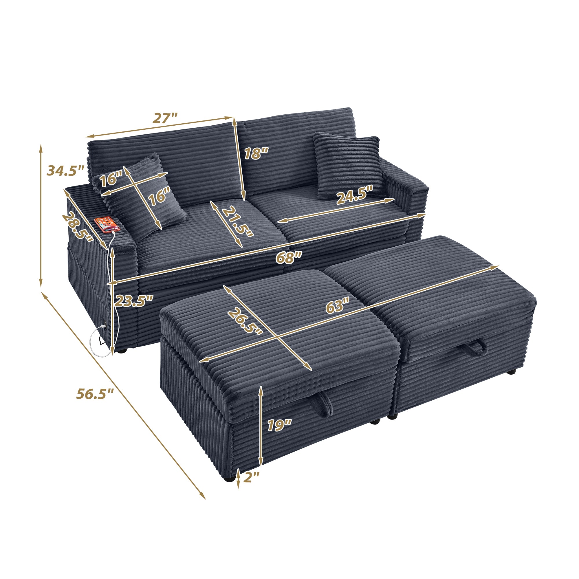 Comfortable Fluffy Corduroy Lazy Sofa, Storage Space for Big Loveseat, Super Soft Chaise Lounge with Double Ottomans and Table Board,Suitable for Chailiving - Grand Goldman Shop