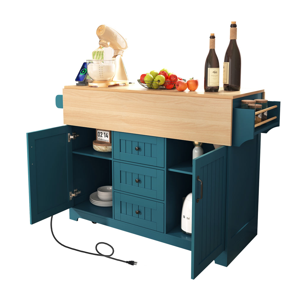 K&K 55.7'' Large Kitchen Island with 2 Drop Leaf,, Rolling Kitchen Cart on 5 Wheels with Power Outlet, Folding Storage Dining Table with Spice & Towel Rack , 3 Drawers, for Kitchen, Dining Room,Green - Grand Goldman Shop