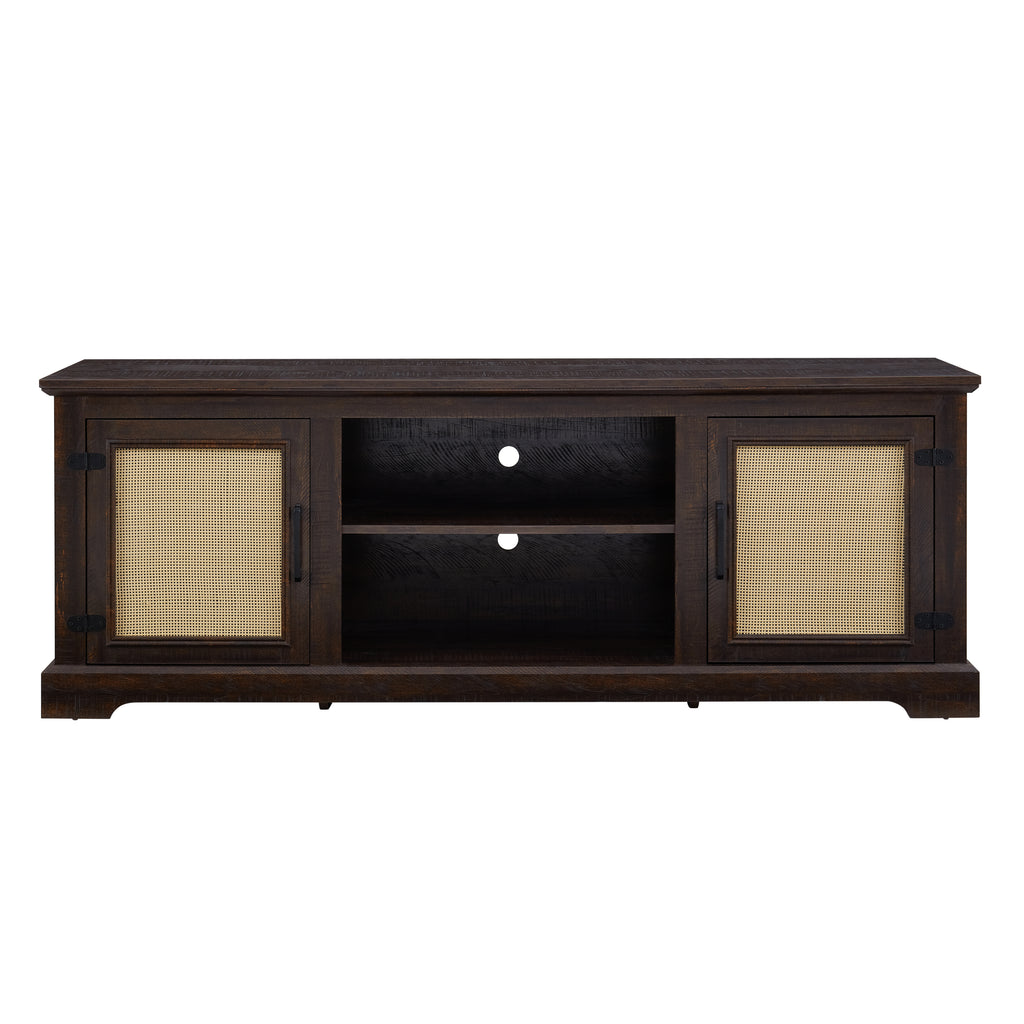 Farmhouse Rattan TV Stand Console Table for TVs up to 70 Inches, TV Console Table with 2 Storage Shelves, 2 Natural Rattan Door Cabinets, 65'W*15.55'D*23.86'H, Espresso - Grand Goldman Shop