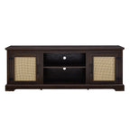 Farmhouse Rattan TV Stand Console Table for TVs up to 70 Inches, TV Console Table with 2 Storage Shelves, 2 Natural Rattan Door Cabinets, 65'W*15.55'D*23.86'H, Espresso - Grand Goldman Shop
