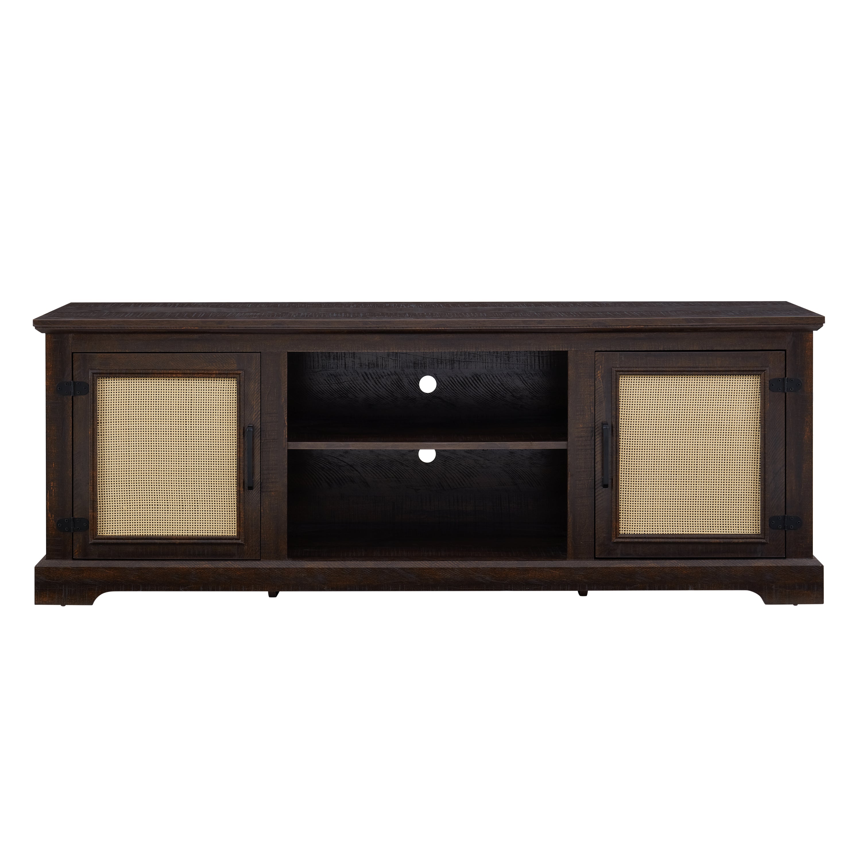 Farmhouse Rattan TV Stand Console Table for TVs up to 70 Inches, TV Console Table with 2 Storage Shelves, 2 Natural Rattan Door Cabinets, 65'W*15.55'D*23.86'H, Espresso - Grand Goldman Shop