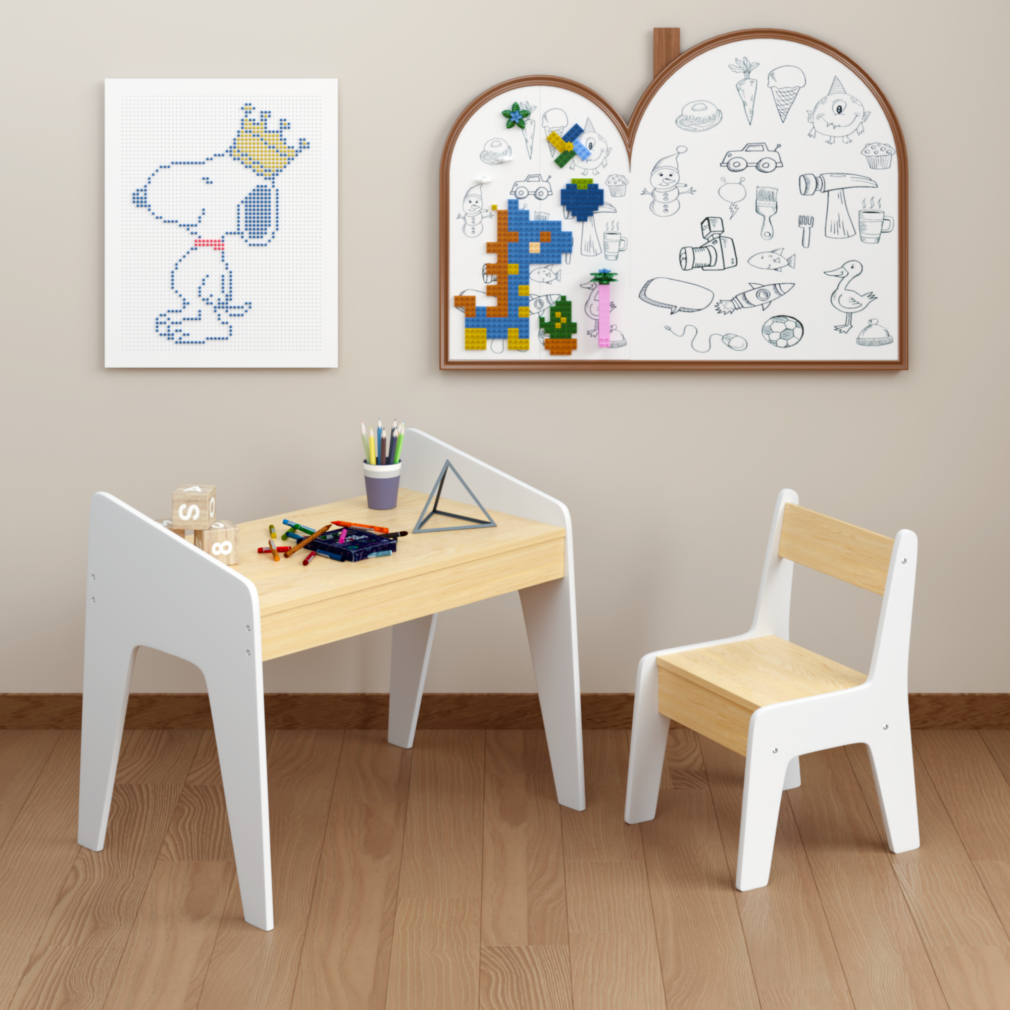 Kids Table Set with One Chair, Wooden Children Study Table, 2-8  Age Kids Funiture , White+Natural - Grand Goldman
