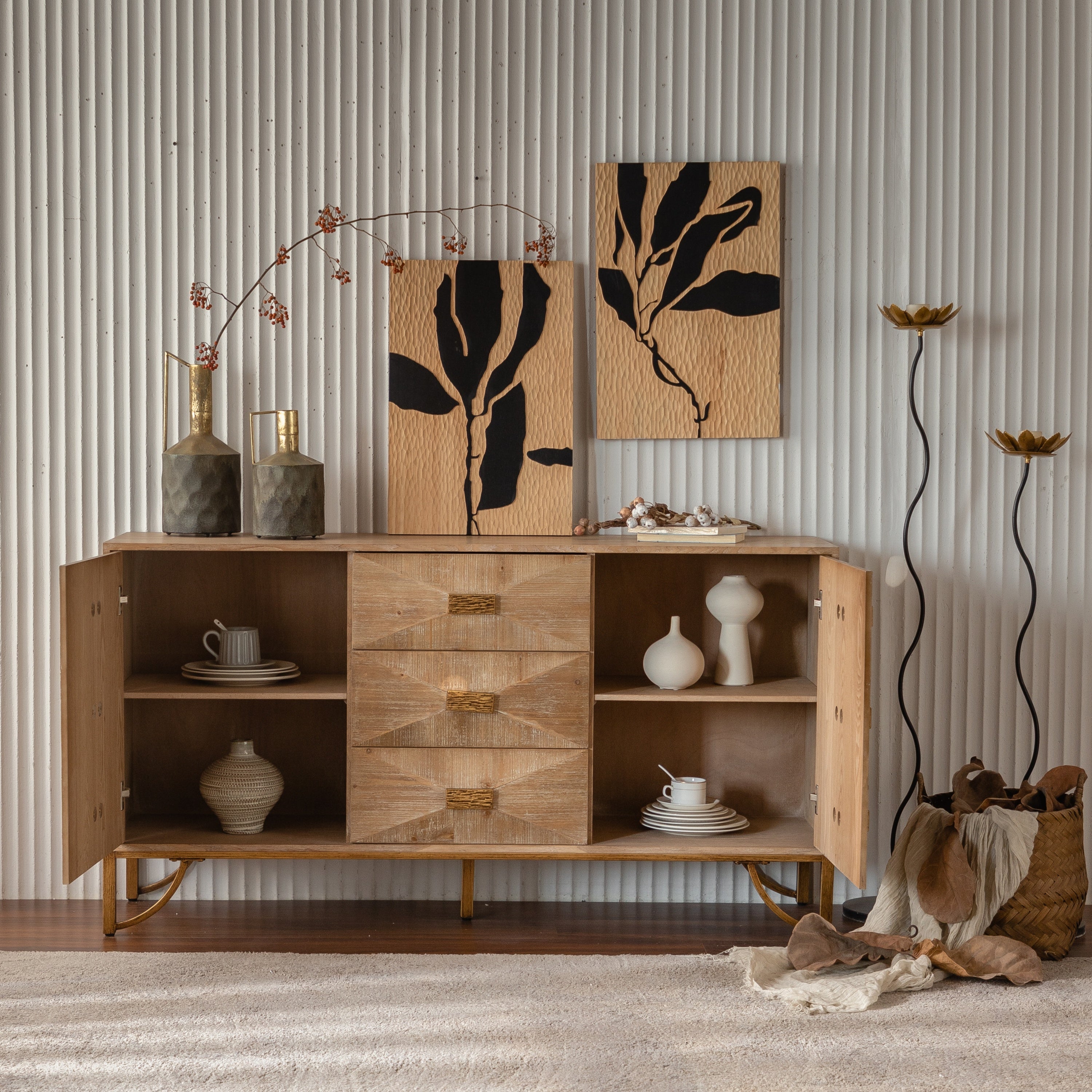 59.44' Light Wood Sideboard Buffet - 3-Drawer + 2-Door Storage Cabinet with Geometric Relief Fronts, Gold Metal Legs for Living Room/Dining Room - Grand Goldman Shop