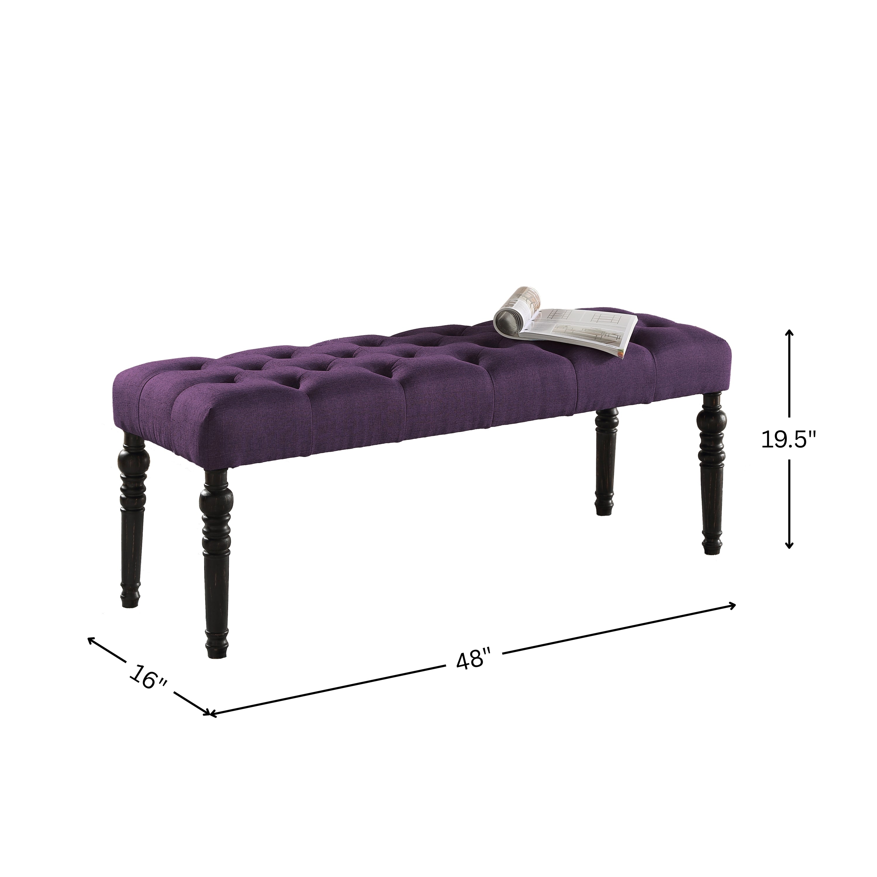 Leviton Fabric Tufted Turned Leg  Dining Bench, Purple - Grand Goldman Shop