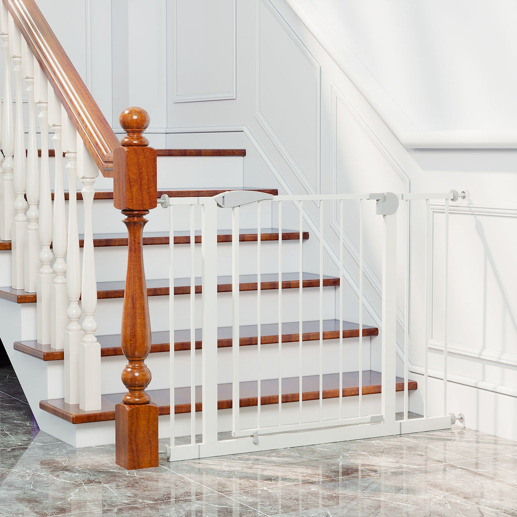 White Pressure-Mounted Baby Gate for Stairs, 29.5-44.1' Wide, Steel and ABS Construction, Easy Walk-Through Design for Kids a