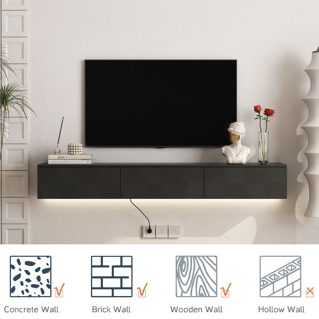 Floating TV Stand Wall Mounted with 16 Color LEDs,67' Modern TV Stand, Floating TV Cabinet Entertainment Center for 55 60 65 Inch TV,Black - Grand Goldman Shop
