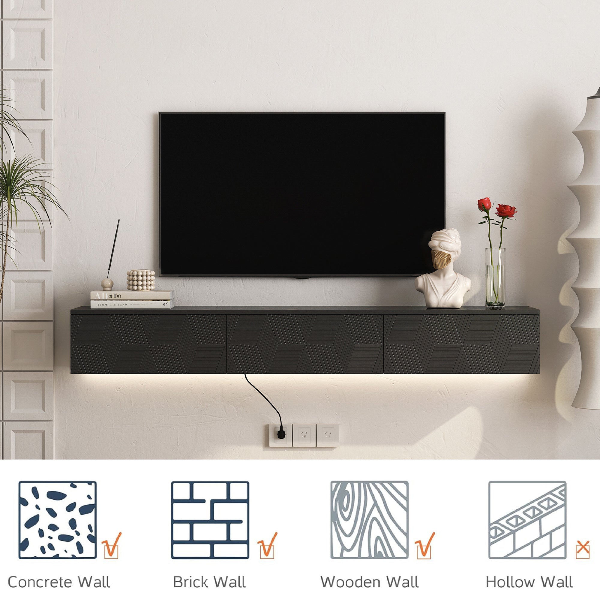 Floating TV Stand Wall Mounted with 16 Color LEDs,67' Modern TV Stand, Floating TV Cabinet Entertainment Center for 55 60 65 Inch TV,Black - Grand Goldman Shop