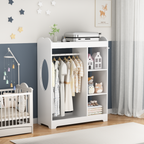 Kids Dress Up Storage with Mirror and Hooks, Wooden Dress Up Clothes Rack with Hanging Rod, 3 Side Hooks, Storage Shelves and