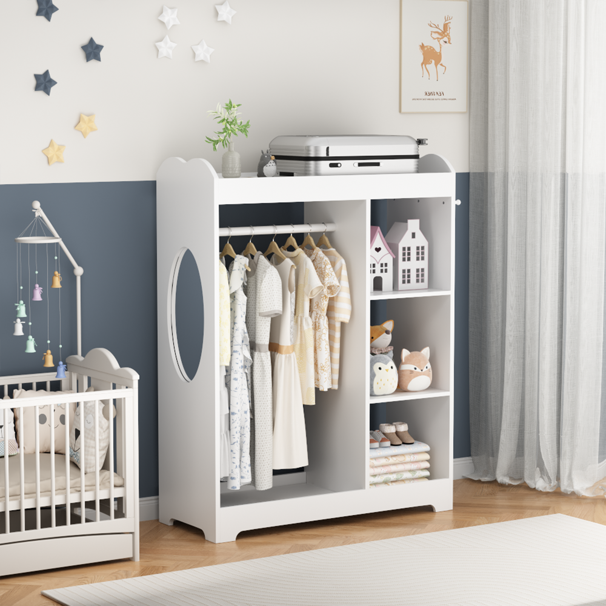 Kids Dress Up Storage with Mirror and Hooks, Wooden Dress Up Clothes Rack with Hanging Rod, 3 Side Hooks, Storage Shelves and