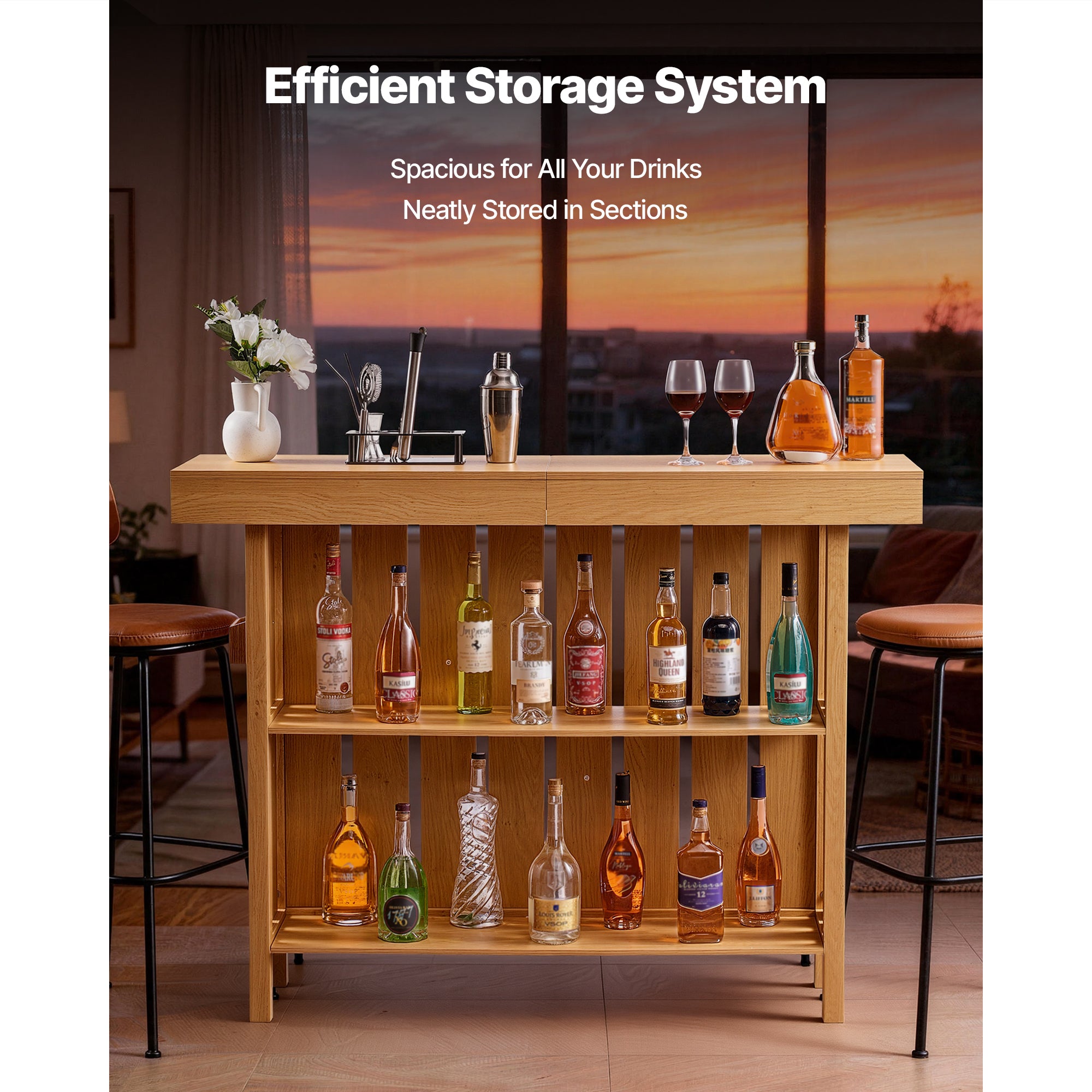Home Bar Unit, Wine Bar Cabinet Table 3-Tier with Storage Shelves, Opener Storage Box & Adjustable Foot Pads, Black Footrest, Wood & Metal Liquor Cabinet for Home, Basement, Kitchen, Living Room - Grand Goldman Shop