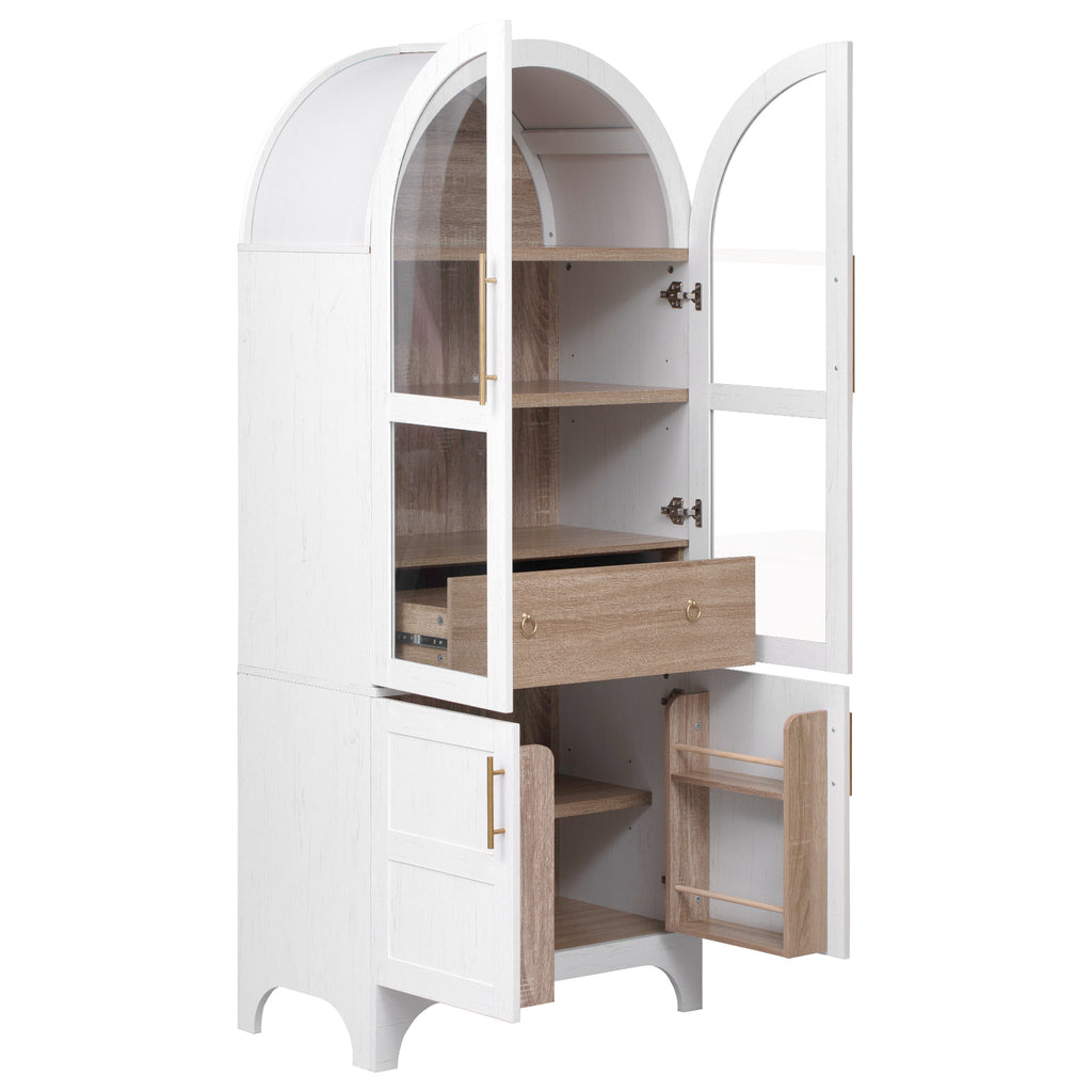 K&K 71' Tall Arched Kitchen Pantry Cabinet with Door Shelves, Farmhouse Kitchen Storage Cabinet with Open & Adjustable Shelves, Hidden Drawer & Glass Door, Cupboard for Kitchen, Dining Room, White - Grand Goldman Shop