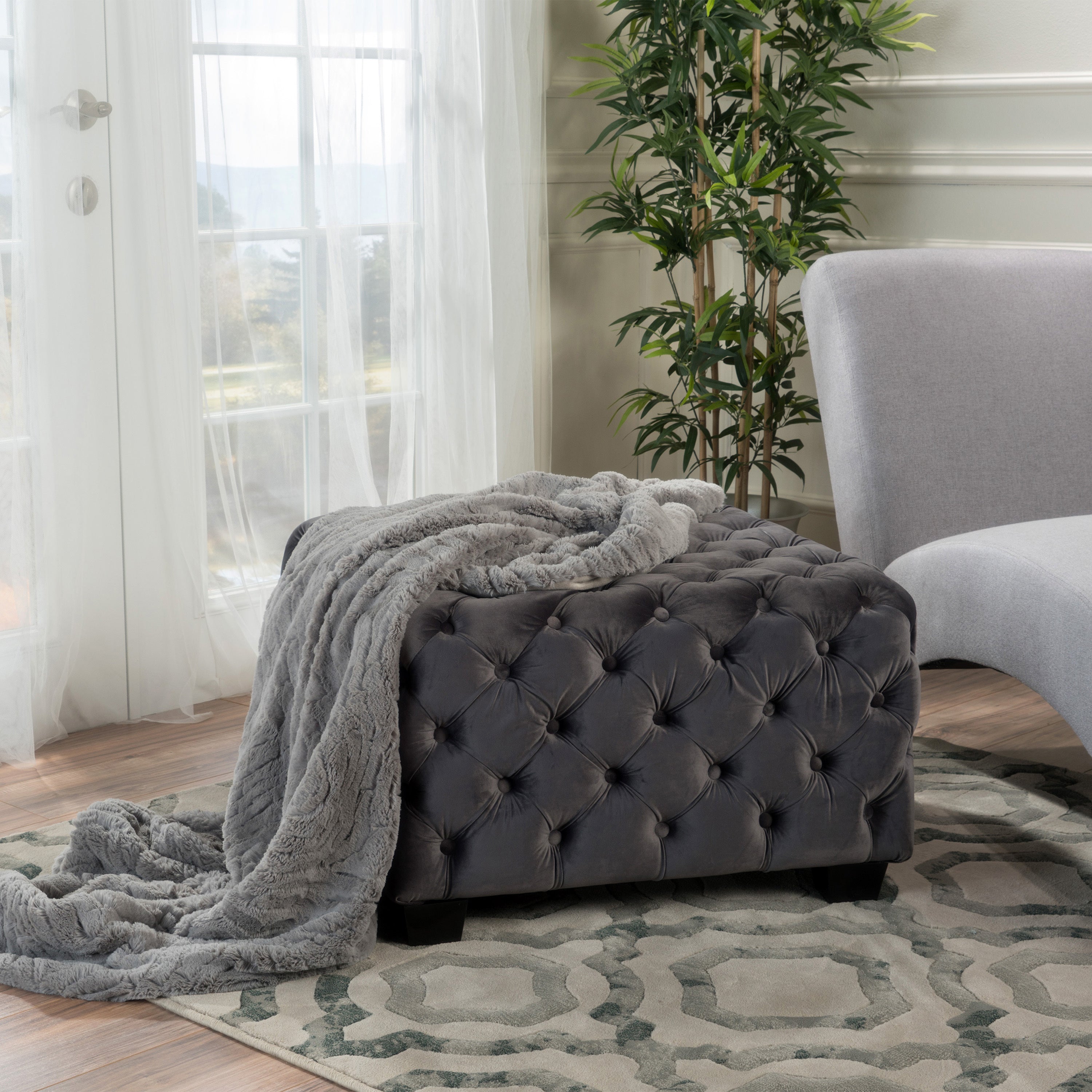 Modern Glam Velvet Ottoman with Button-Tufted Diamond Stitch Design in Grey - Grand Goldman Shop