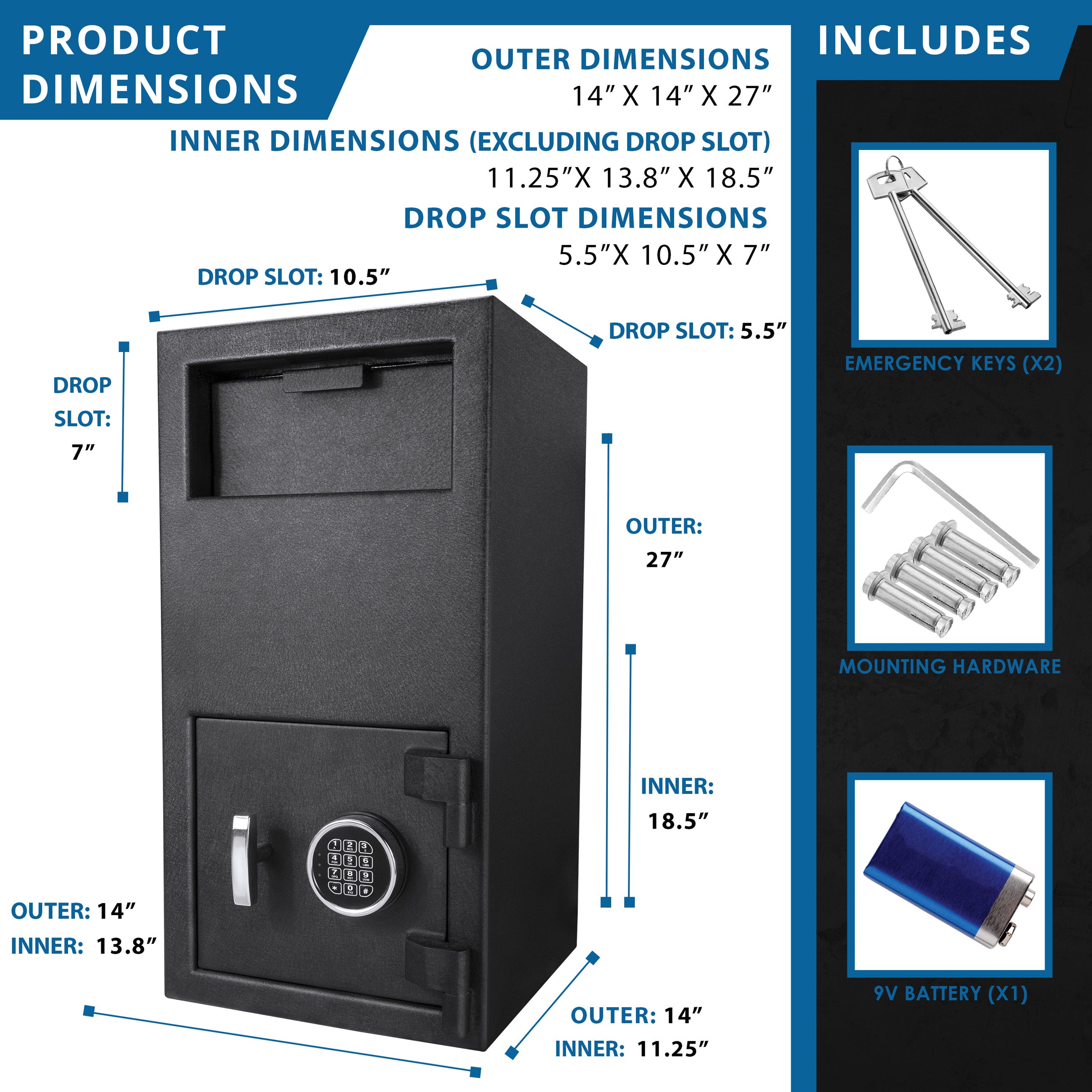 Black Steel Keypad Depository Safe with Anti-Fishing Baffles and Digital Lock, 1.72 Cu Ft - Grand Goldman