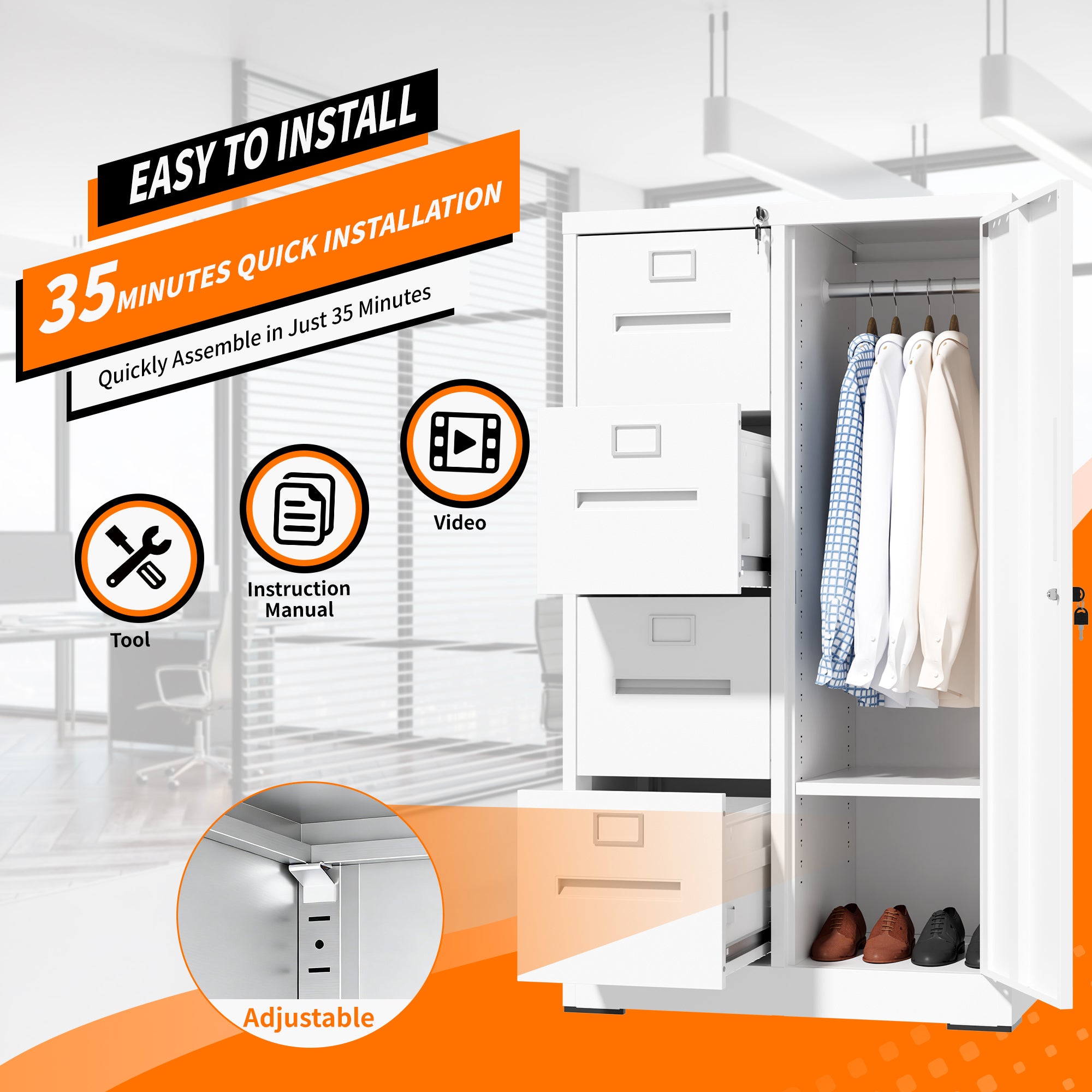 Metal Storage Vertical Filing Cabinet with Lock, Steel File Locker with 4 Drawers and 1 door for School, Living Room, Bedroom