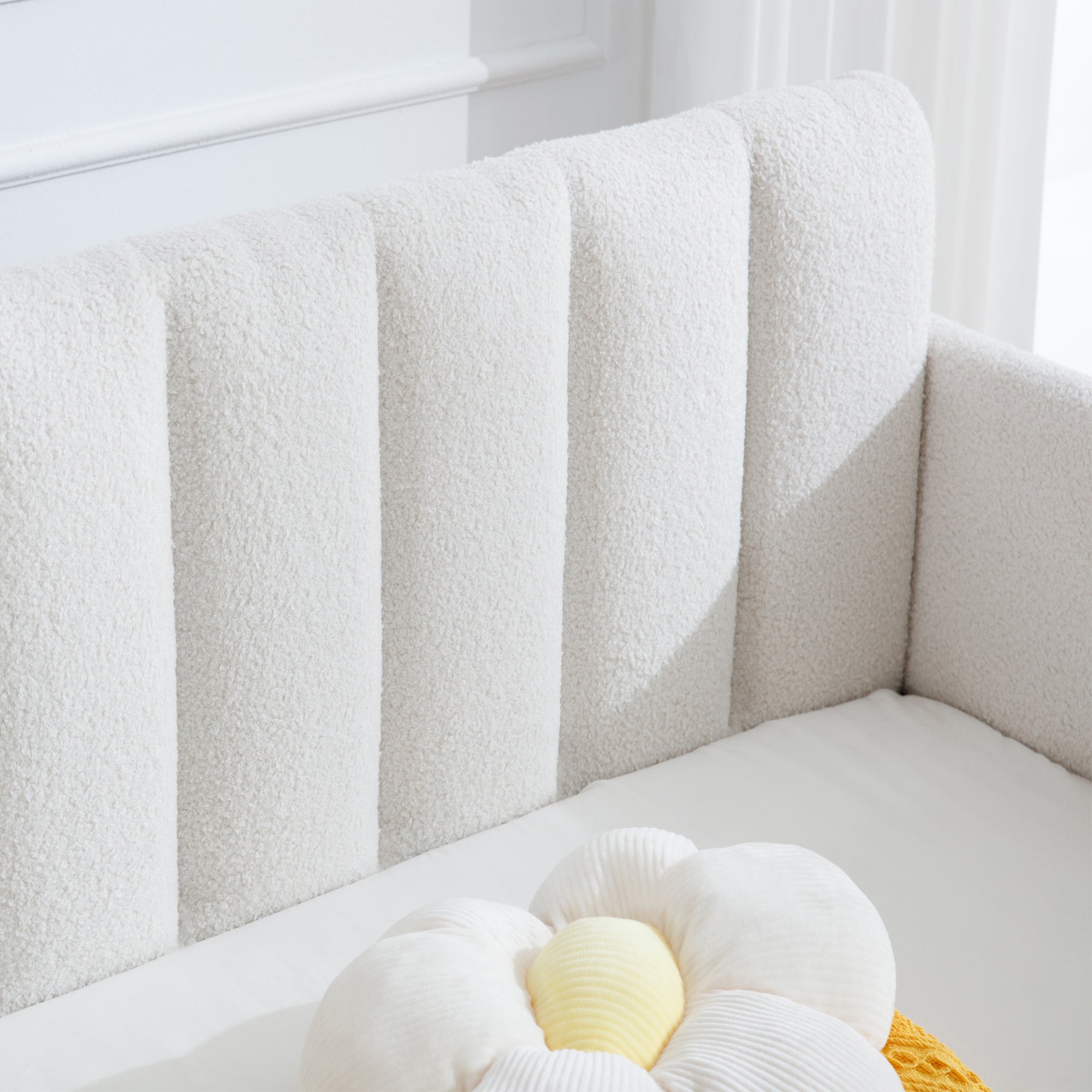 Elena Twin Size Ivory Boucle Upholstered Daybed with Ribbed Tufted Backrest in Lavish Modern Design - Grand Goldman Shop