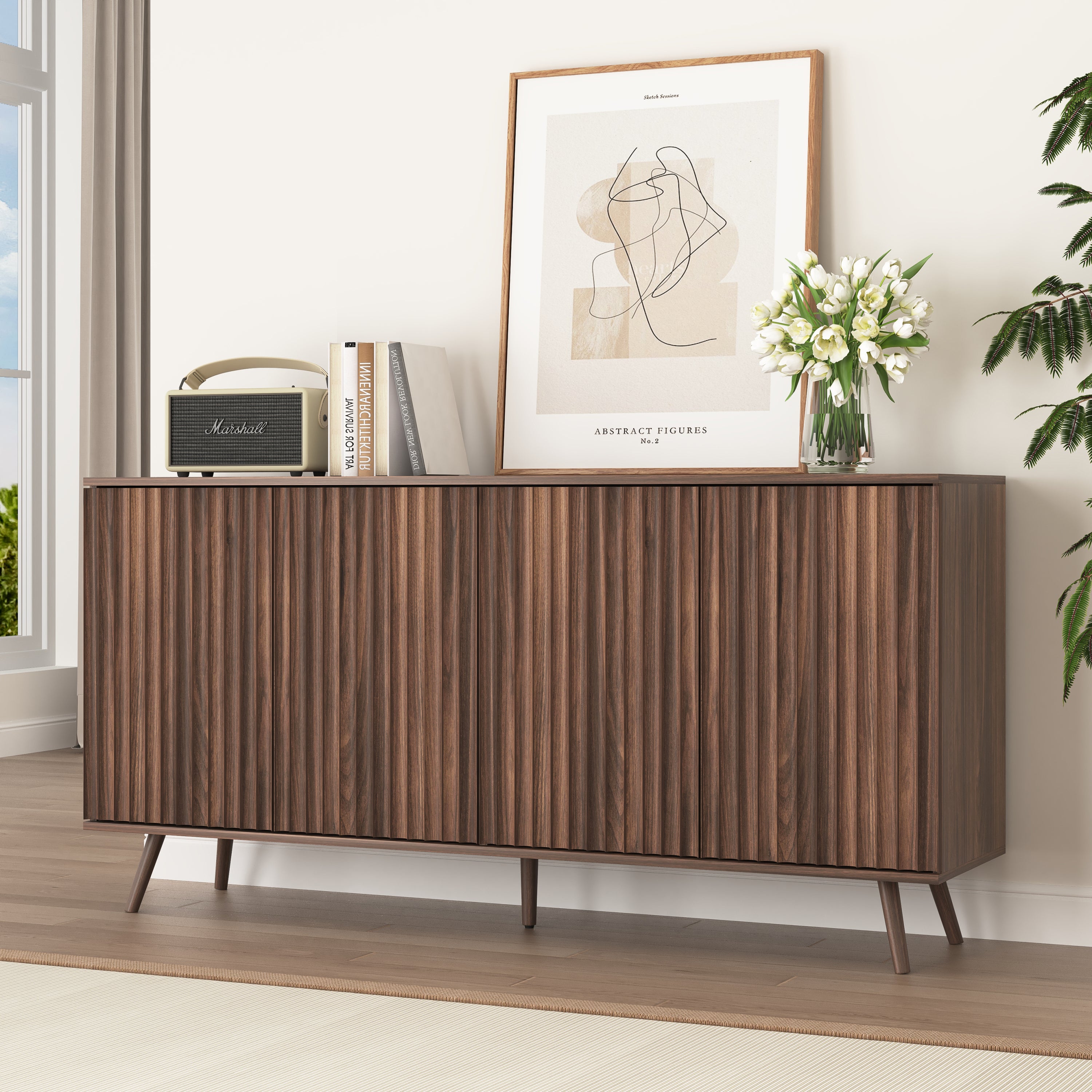 Sideboard Buffet Cabinet with Storage, Long Sideboard Storage Cabinet with 4 Doors, Wood Credenza Console Coffee Bar Cabinets with Adjustable Shelves for Living Room Kitchen Dining Room Walnut - Grand Goldman Shop
