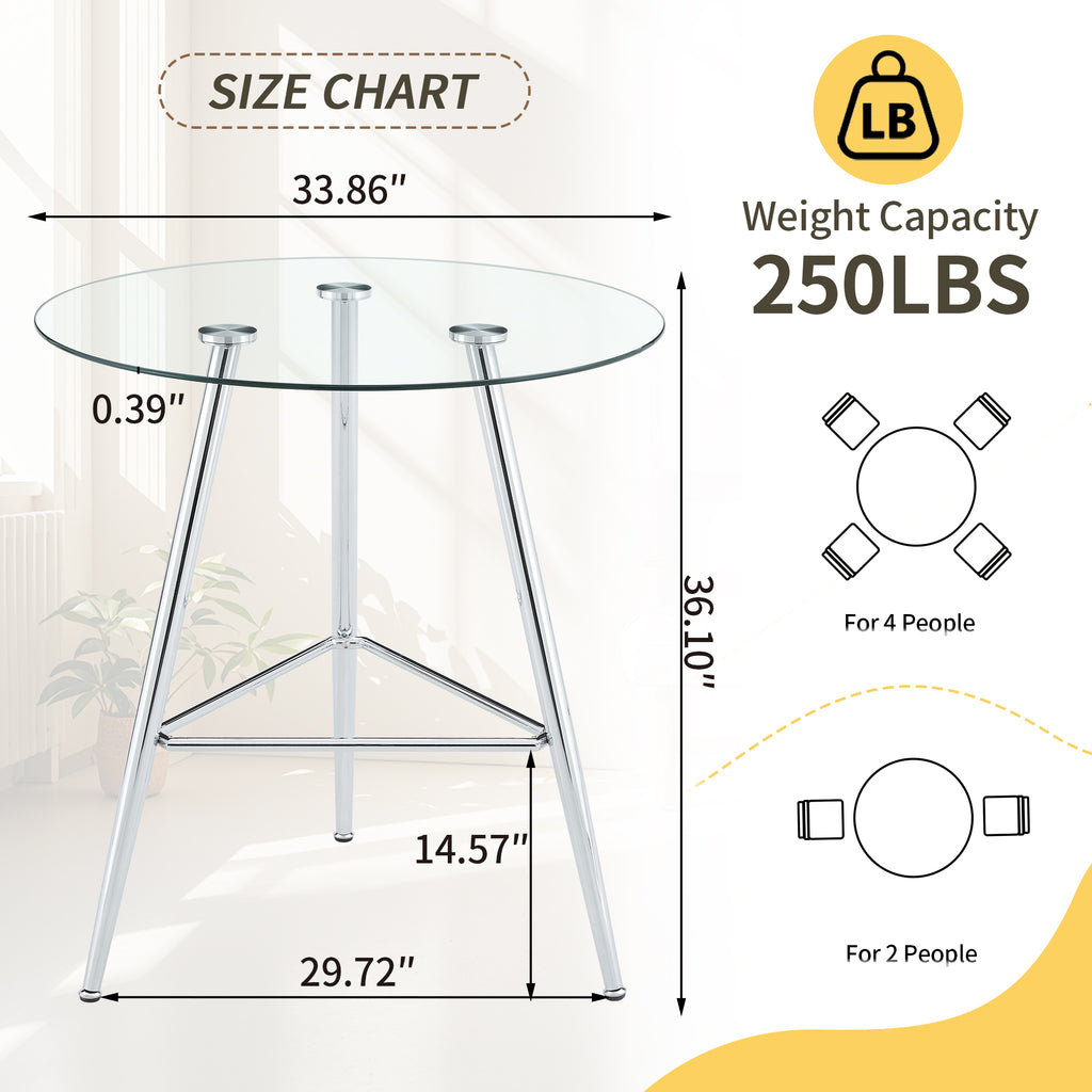 36 Inch Height Bar Table, 34 Inch Round Tempered Glass Top Pub Table with Chrome-Plated Silver Metal Legs, Modern Bistro Table for Kitchen Island/Bar/Cafe - Grand Goldman Shop