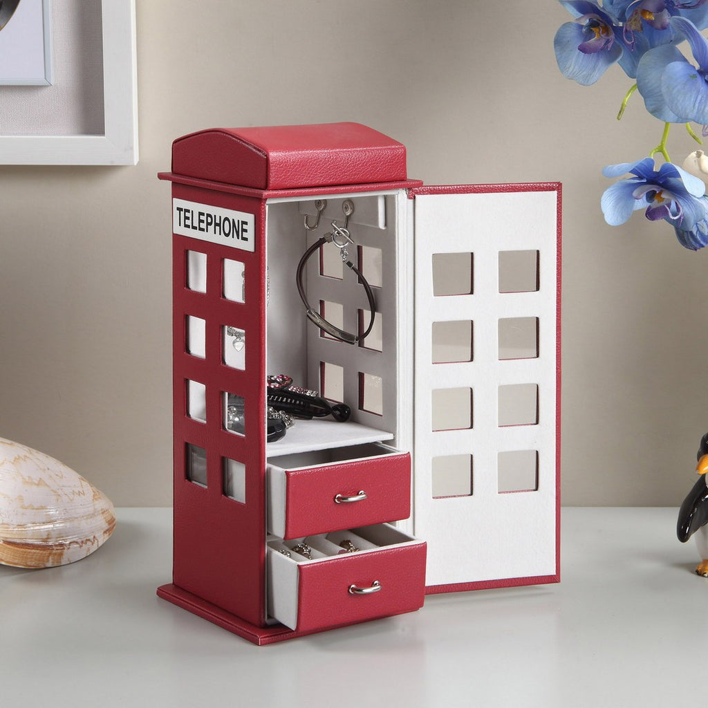 11.5' Tall Leather Jewelry Box, British Telephone Design, Burgundy Red - Grand Goldman Shop
