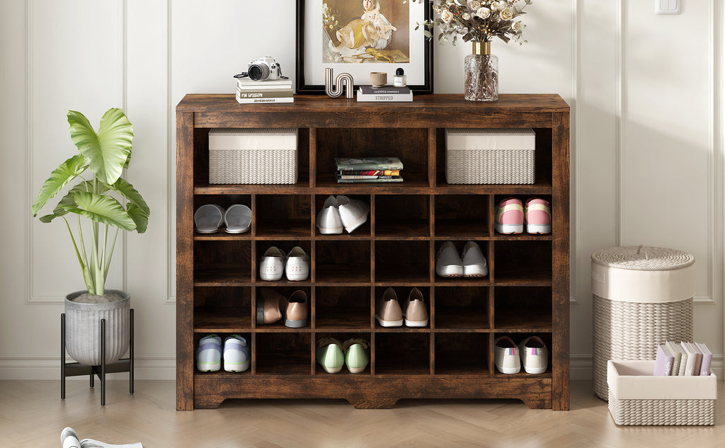 ON-TREND Sleek Design 24 Shoe Cubby Console, Modern Shoe Cabinet with Curved Base, Versatile Sideboard with High-quality for Hallway, Bedroom, Living Room, Rustic Brown - Grand Goldman Shop