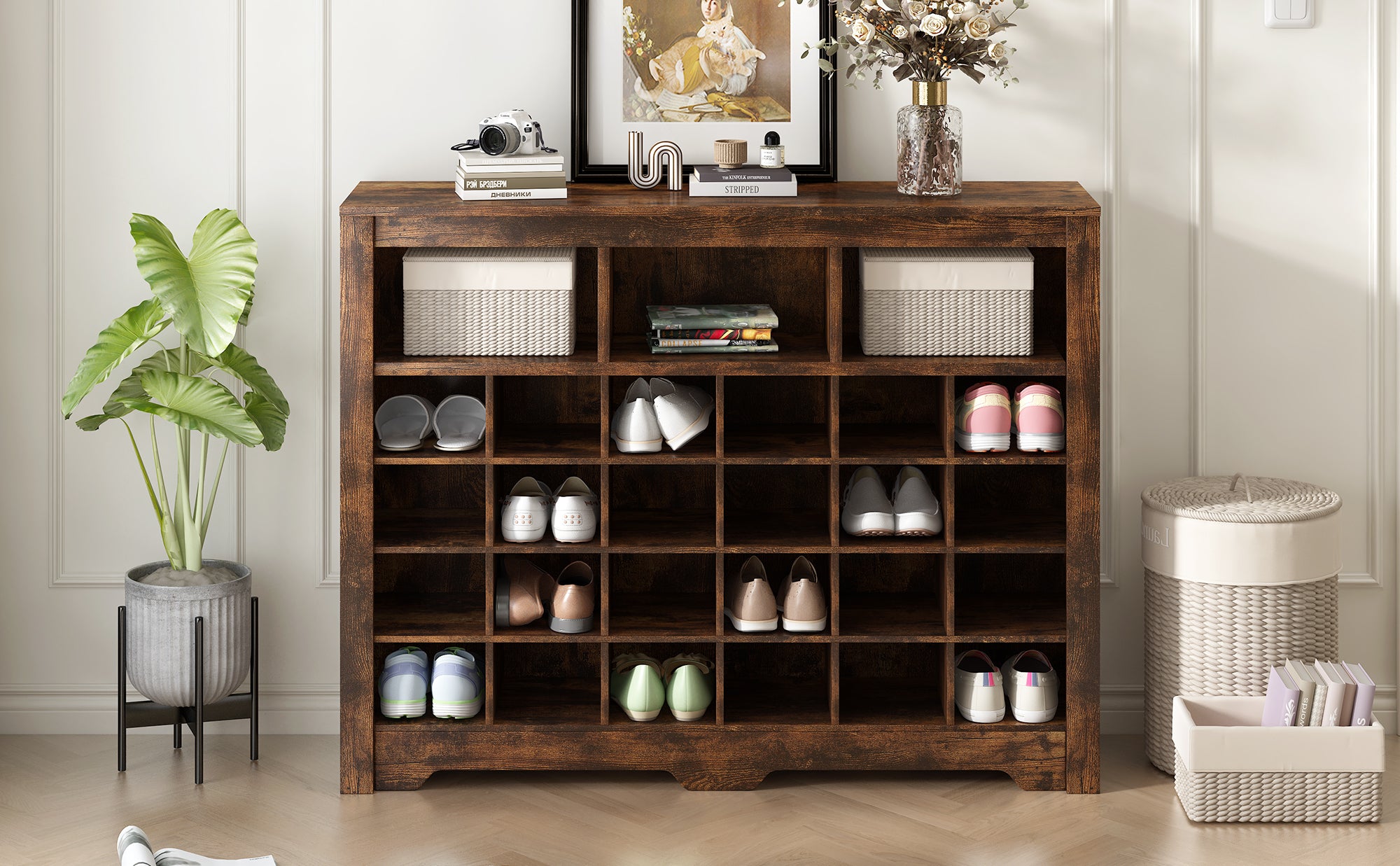 ON-TREND Sleek Design 24 Shoe Cubby Console, Modern Shoe Cabinet with Curved Base, Versatile Sideboard with High-quality for Hallway, Bedroom, Living Room, Rustic Brown - Grand Goldman Shop