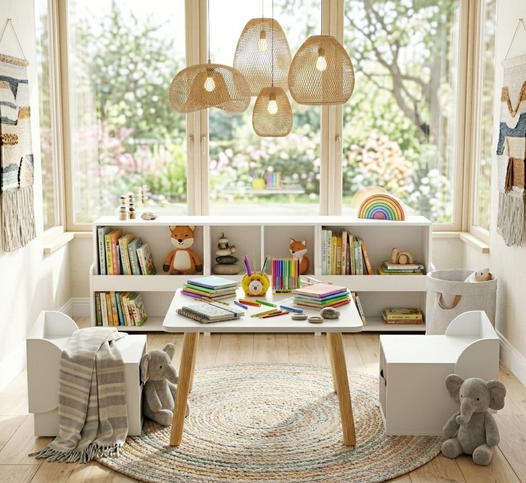 Kids Table and 2 Chair Set with Storage Bins, 3-Piece Toddler Activity Play Table for Arts & Crafts, Reading, Drawing, Wooden