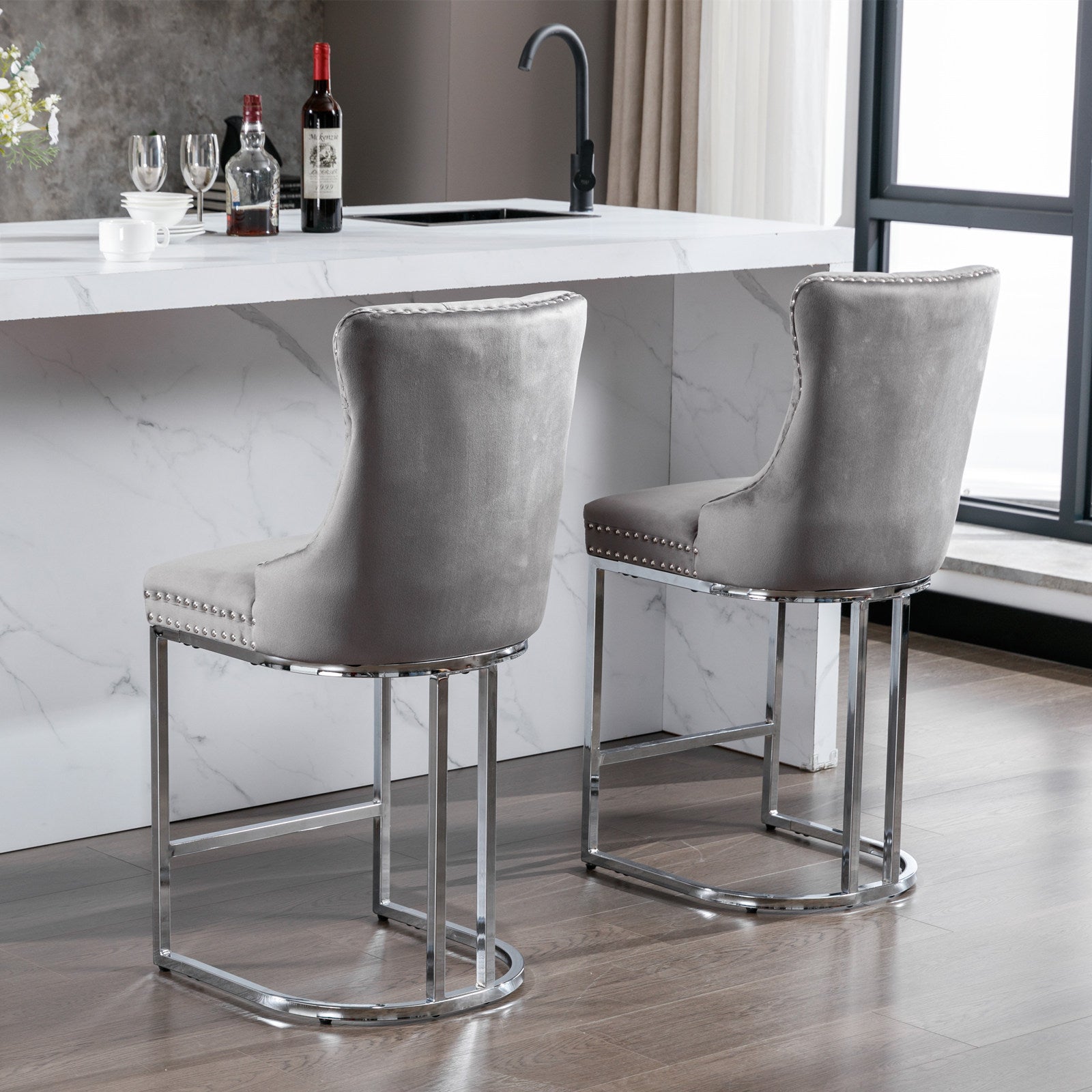 26' Counter Height Bar Stools Set of 2, Modern Velvet Barstools with Button Back&Rivet Trim Upholstered Kitchen Island Chairs with Sturdy Chromed Metal Base Legs Farmhouse Bar Stools, (Gray,2 Pack) - Grand Goldman Shop
