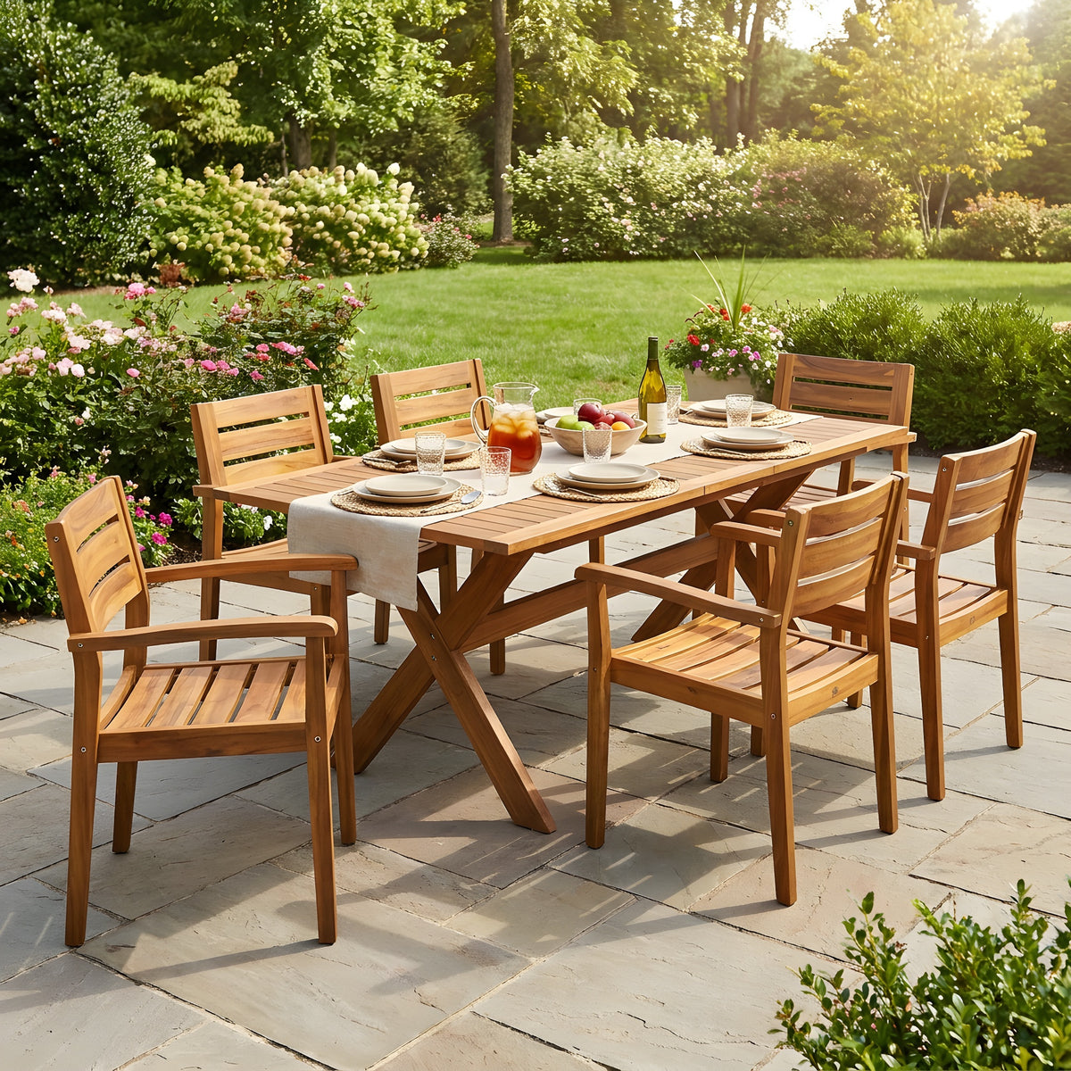 7-teiliges Outdoor-Esszimmer-Set aus Akazienholz, modern, 6 Stühle, 1 großer Tisch, Essgarnitur für Rasen, Garten, Terrasse, Pool, Teakfarben