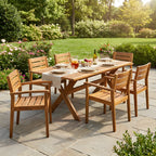 7-teiliges Outdoor-Esszimmer-Set aus Akazienholz, modern, 6 Stühle, 1 großer Tisch, Essgarnitur für Rasen, Garten, Terrasse, Pool, Teakfarben