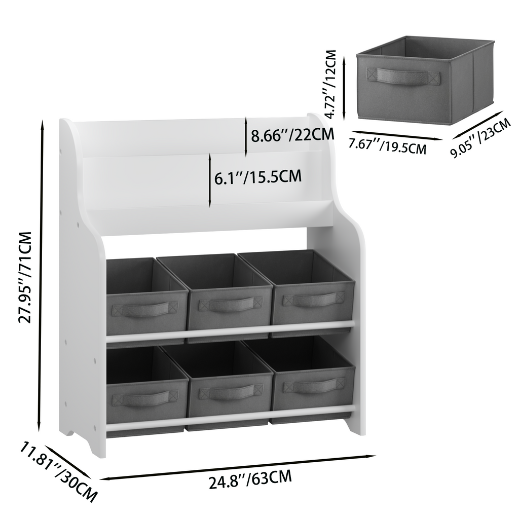 Kids Bookshelf with 6 Fabric Storage Bins, Multi-Functional Children's Bookcase and Toy Organizer, Front-Facing Display Shelf