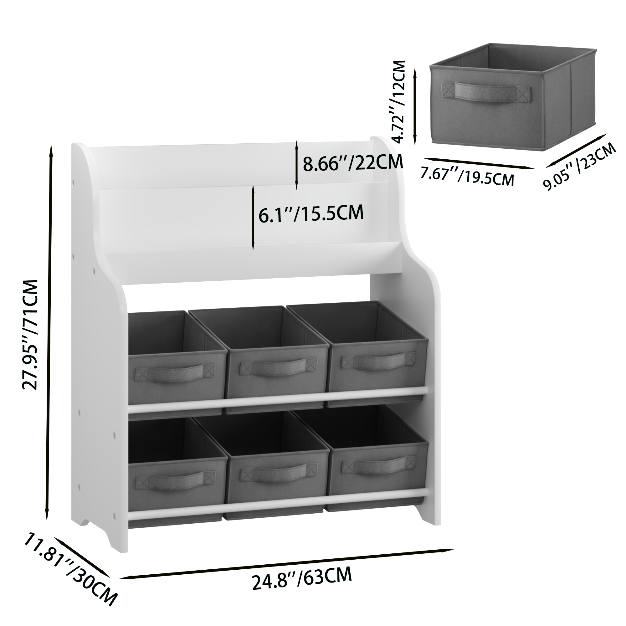 Kids Bookshelf with 6 Fabric Storage Bins, Multi-Functional Children's Bookcase and Toy Organizer, Front-Facing Display Shelf