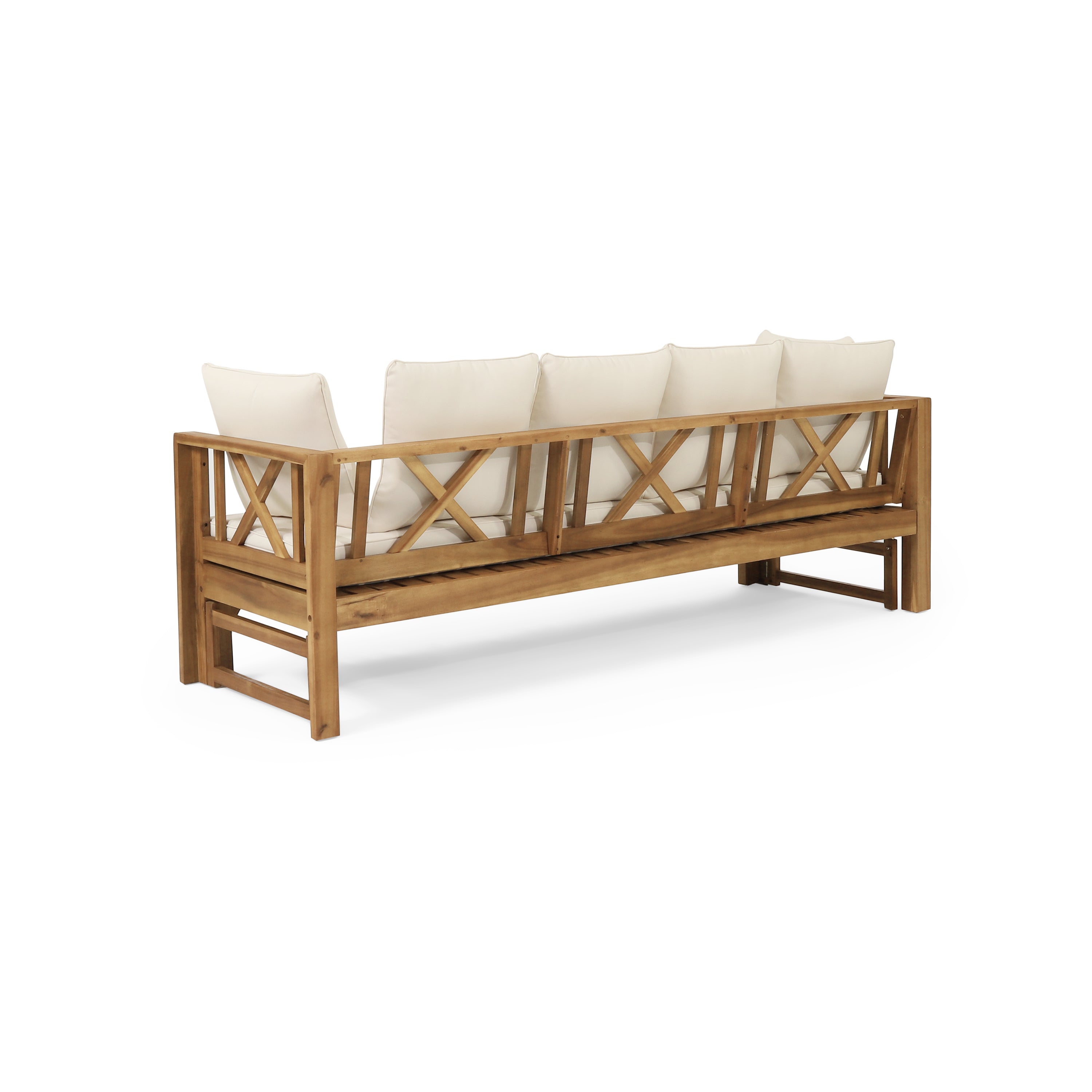 Outdoor Extendable Acacia Wood 3 Seater Sofa, Upholstered Cushion Couch, Daybed Sofa Chair, Spacious Seating Lounge Chair, Patio Daybed Sofa for Garden Yard - Grand Goldman Shop