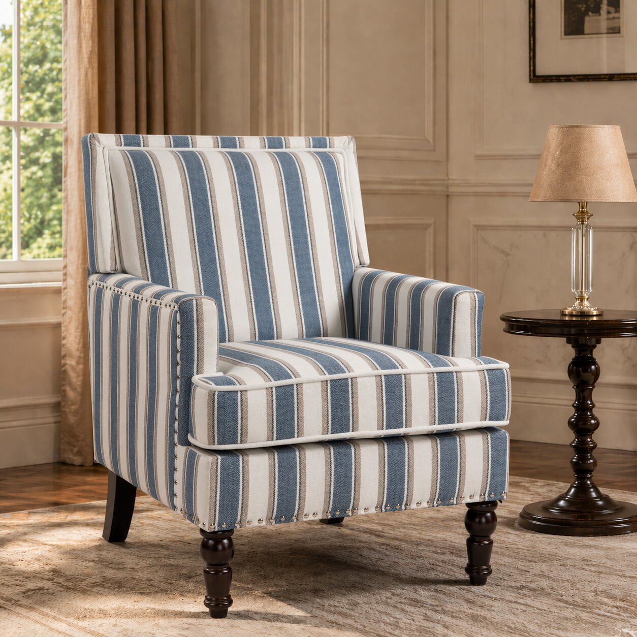 Upholstered Accent Chair, Vintage Armchair with Blue and White Striped Linen Fabric and Nailhead Trim for Living Room - Grand Goldman Shop