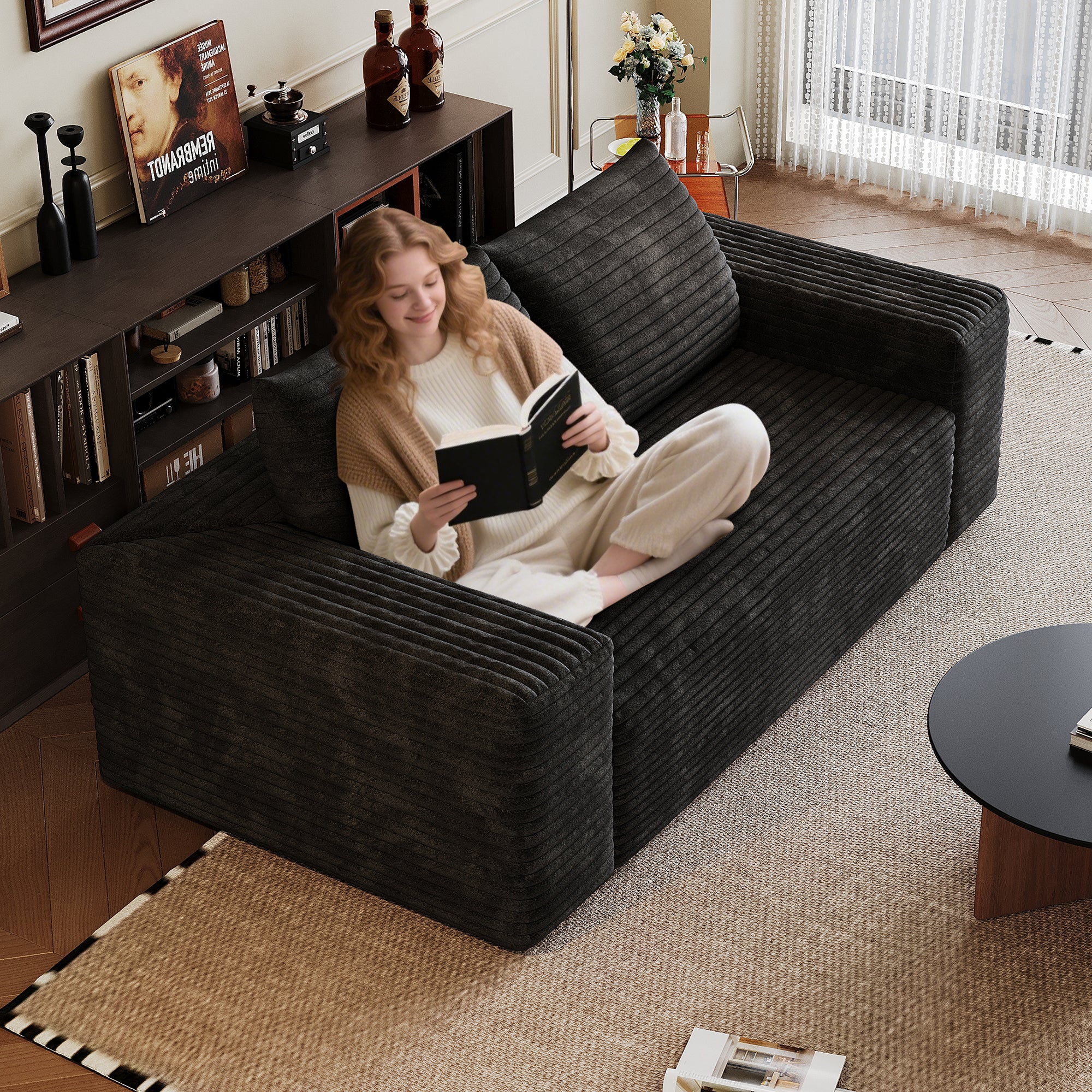 63' 2Setaser Sofa,Corduroy Fabric,Deep Seat Couches,Comfy Loveseat Sofa,No Assembly,1pcs for Living room, Bedroom,Conference room ,Apartment,Black - Grand Goldman Shop