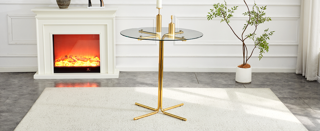 Round glass bar high table, 36 inch round bar table, tempered glass tabletop, sturdy gold chrome plated four column support, suitable for transparent round bar tables in small spaces, kitchens - Grand Goldman Shop