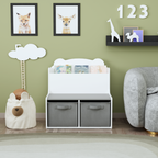 Kids Bookshelf with Storage Bins – Wooden Bookcase with Book Display Shelf and 2 Fabric Bins, Cute Bear-Shaped Backboard, Toy