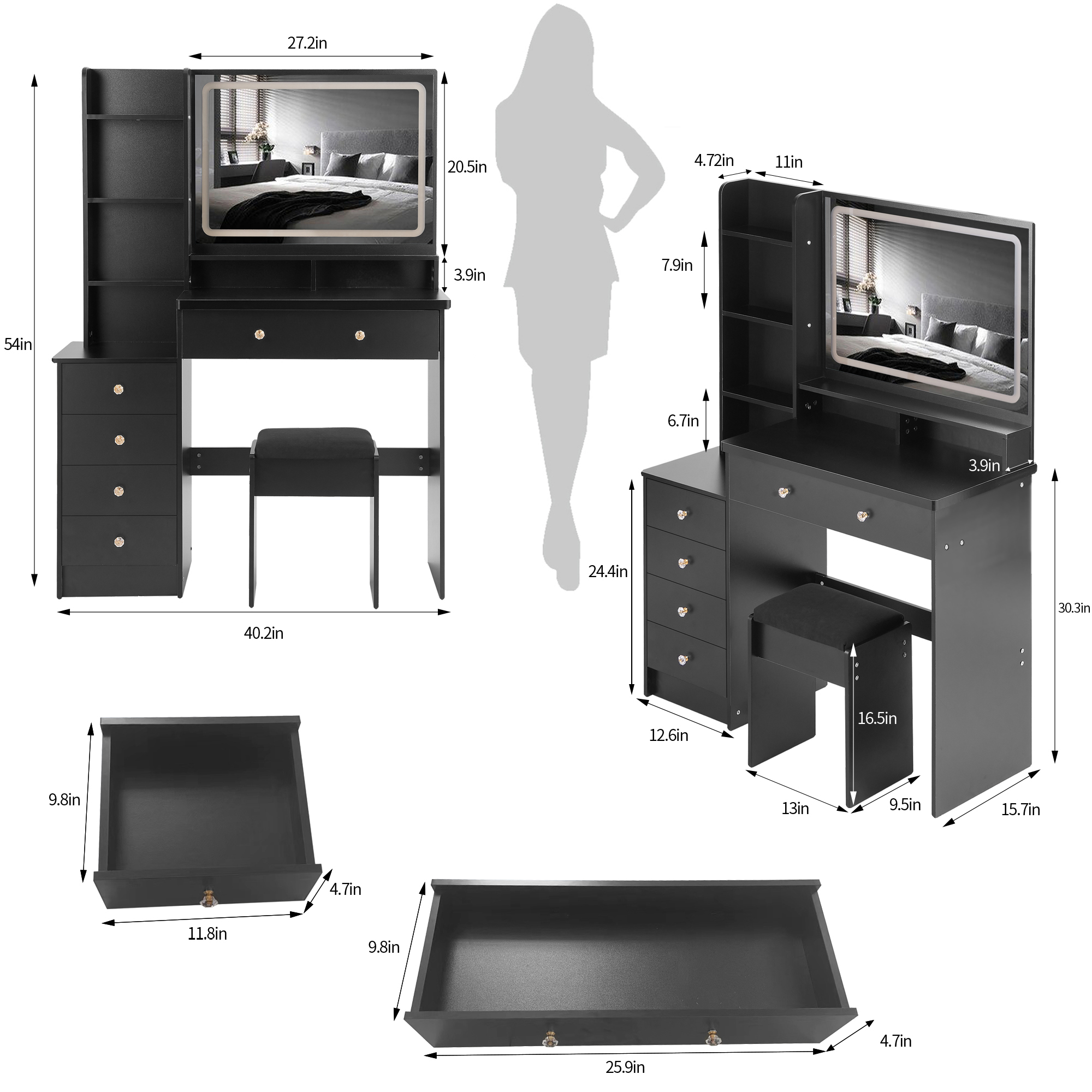 41' Large Sized Bedside Cabinet Vanity Table + Cushioned Stool, Extra Large Touch Control LED Mirror, 3-color Switch, Multi Layer High Capacity Storage Fashionable Dresser, EPA, GCC, UL Certificate - Grand Goldman Shop