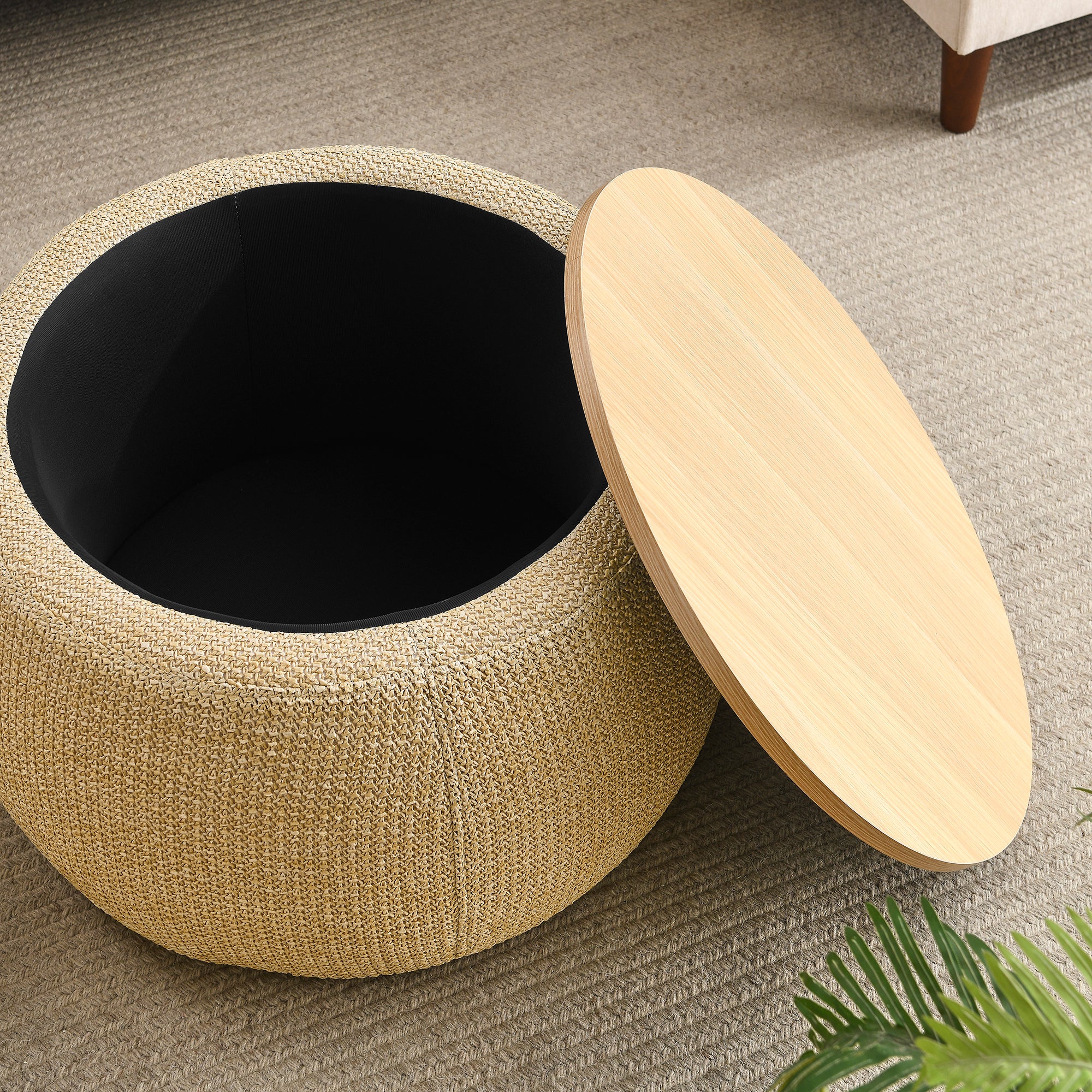 Round Storage Ottoman, 2 in 1 Function, Work as End table and Ottoman, Natural (25.5'x25.5'x14.5') - Grand Goldman Shop