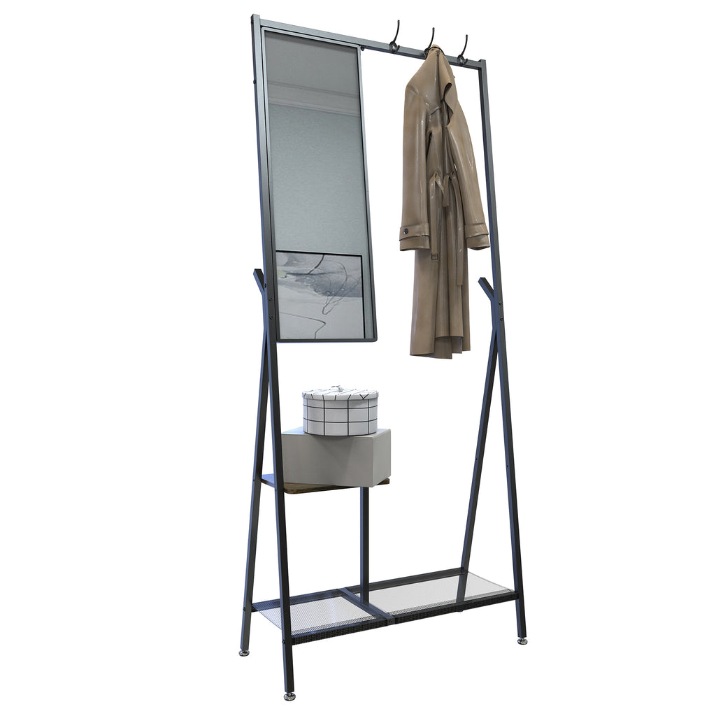 Coat Rack with Mirror, Multifunctional Hall Tree with Shoe Storage, Metal Frame, for Living Room Bedroom 73x32x15 Inches, Industrial Style, Rustic Brown and Black - Grand Goldman Shop