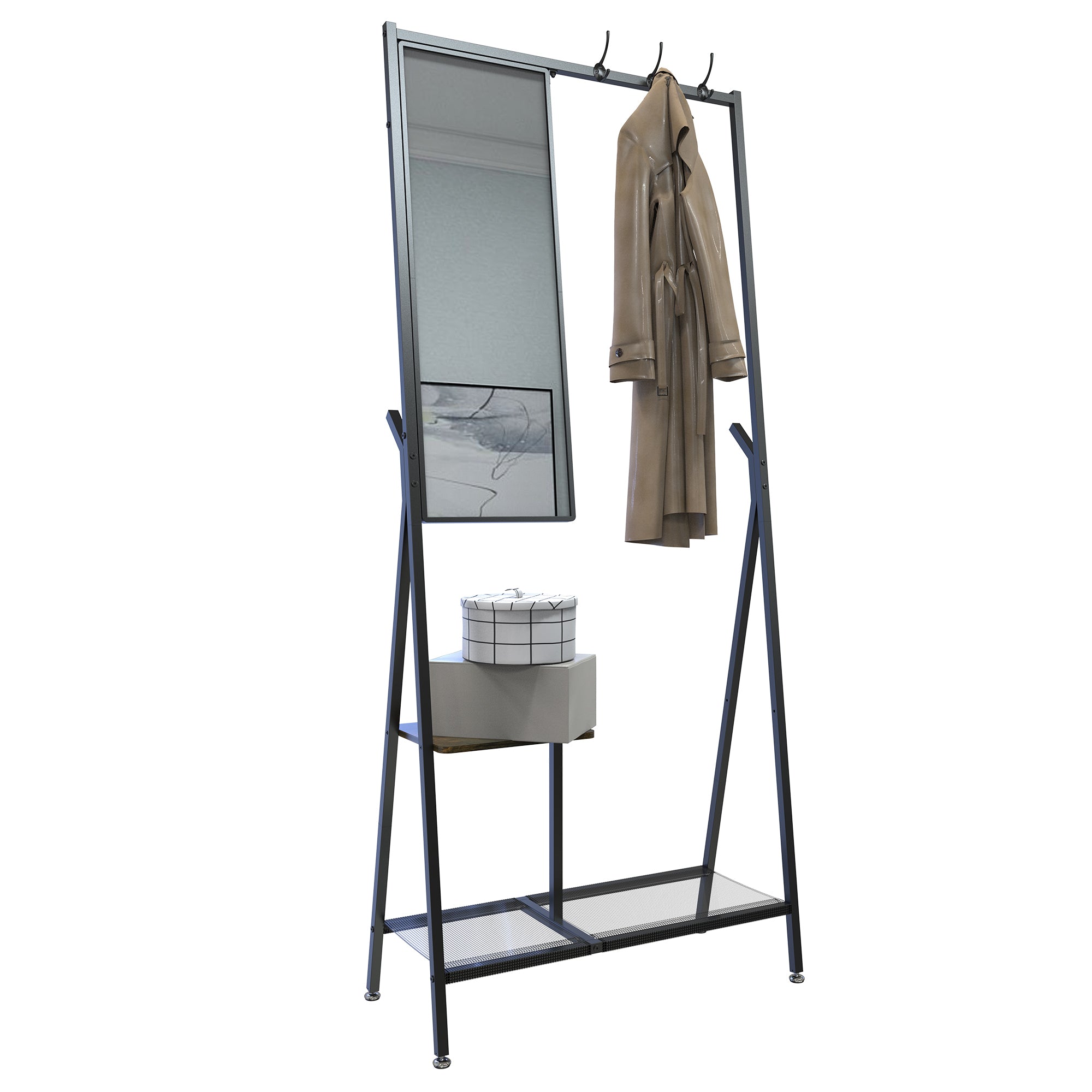 Coat Rack with Mirror, Multifunctional Hall Tree with Shoe Storage, Metal Frame, for Living Room Bedroom 73x32x15 Inches, Industrial Style, Rustic Brown and Black - Grand Goldman Shop
