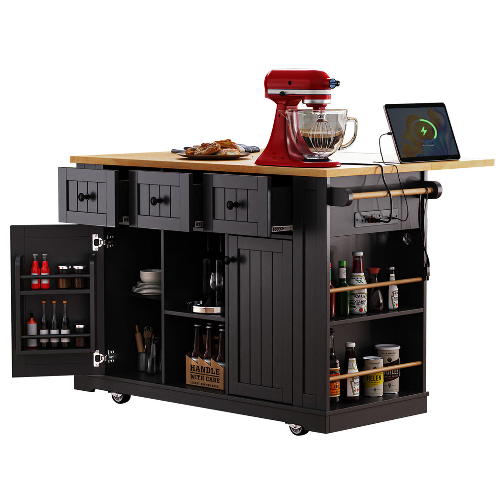 K&K 53inch Large Kitchen Island with Drop Leaf,Power Outlet,Door Internal Storage Rack,Rolling Kitchen Cart on 5 Wheels with 5 Open Side Racks for Kitchen,Black(Two Packages)(Stools not included) - Grand Goldman Shop