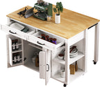 K&K 47 inch Kitchen Island with Extendable Dining Table, Rubber Wood Veneer Kitchen Table with Internal Storage Rack, Power Outlet, Kitchen island with Storage 2 Drawers 2 Cabinet,White - Grand Goldman Shop