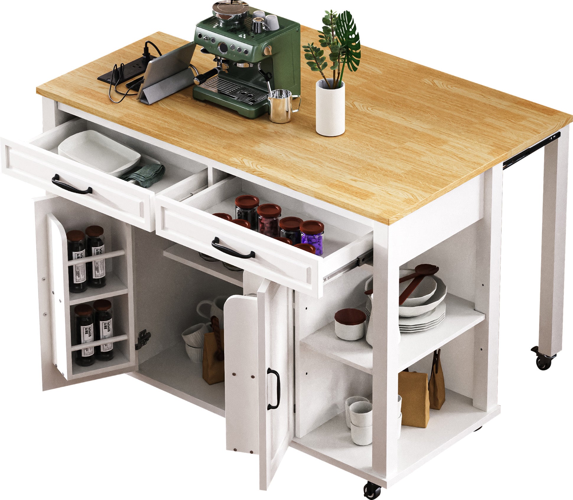 K&K 47 inch Kitchen Island with Extendable Dining Table, Rubber Wood Veneer Kitchen Table with Internal Storage Rack, Power Outlet, Kitchen island with Storage 2 Drawers 2 Cabinet,White - Grand Goldman Shop