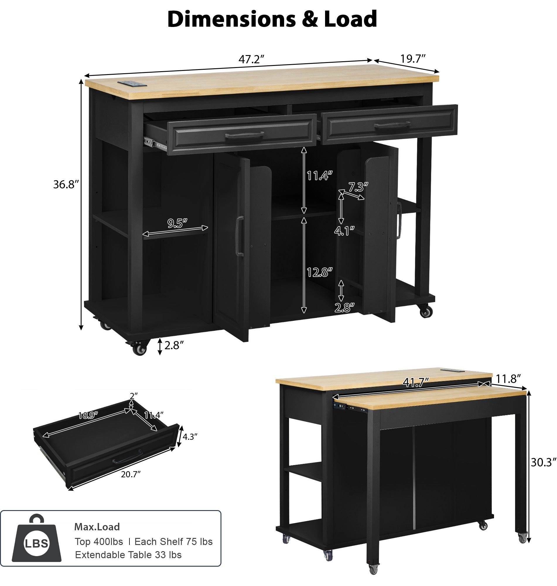 K&K 47 inch Kitchen Island with Extendable Dining Table, Rubber Wood Veneer Kitchen Table with Internal Storage Rack, Power Outlet, Kitchen island with Storage 2 Drawers 2 Cabinet, Black - Grand Goldman Shop