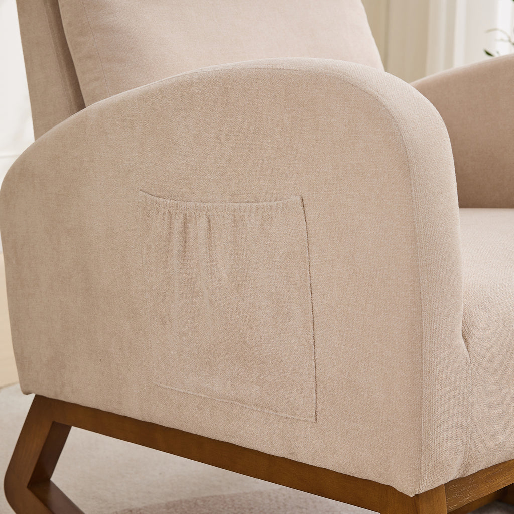 27.2'W Rocking Chair for Nursery, Polyester Glider Chair with High Back and Side Pocket, Rocking Accent Armchair with Rubber Wood Legs for Living Room/Bedroom.Beige - Grand Goldman Shop