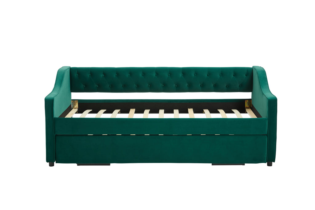 Twin Size Upholstered Daybed with Trundle,USB Port ,Side Pockets,Velvet Daybed with Button on Back and Piping on Waved Shape Arms for Bedroom Guest Room - Grand Goldman Shop