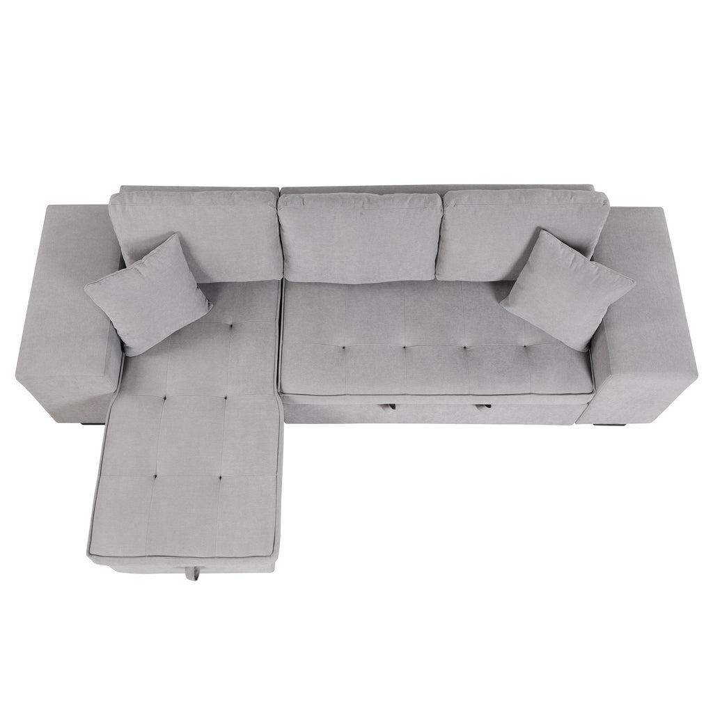 Modern Reversible L-Shape Pull Out Sleeper Sofa with Storage Chaise and Stools, Gray Linen, 104.5' - Grand Goldman Shop