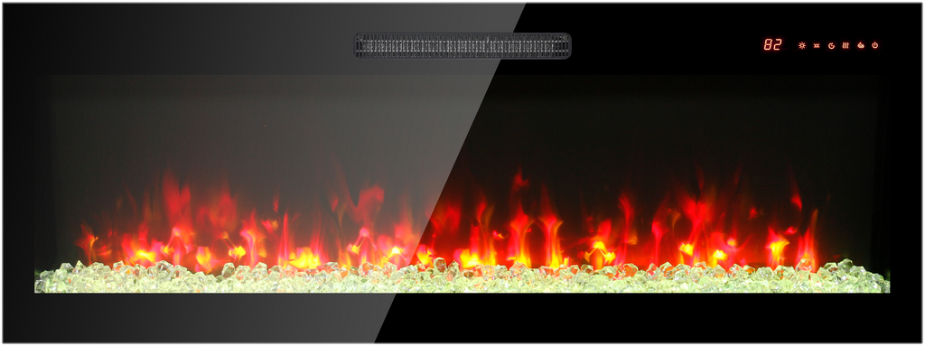50 inch recessed ultra thin tempered glass front wall mounted electric fireplace with remote and multi color flame & emberbed, LED light heater - Grand Goldman Shop