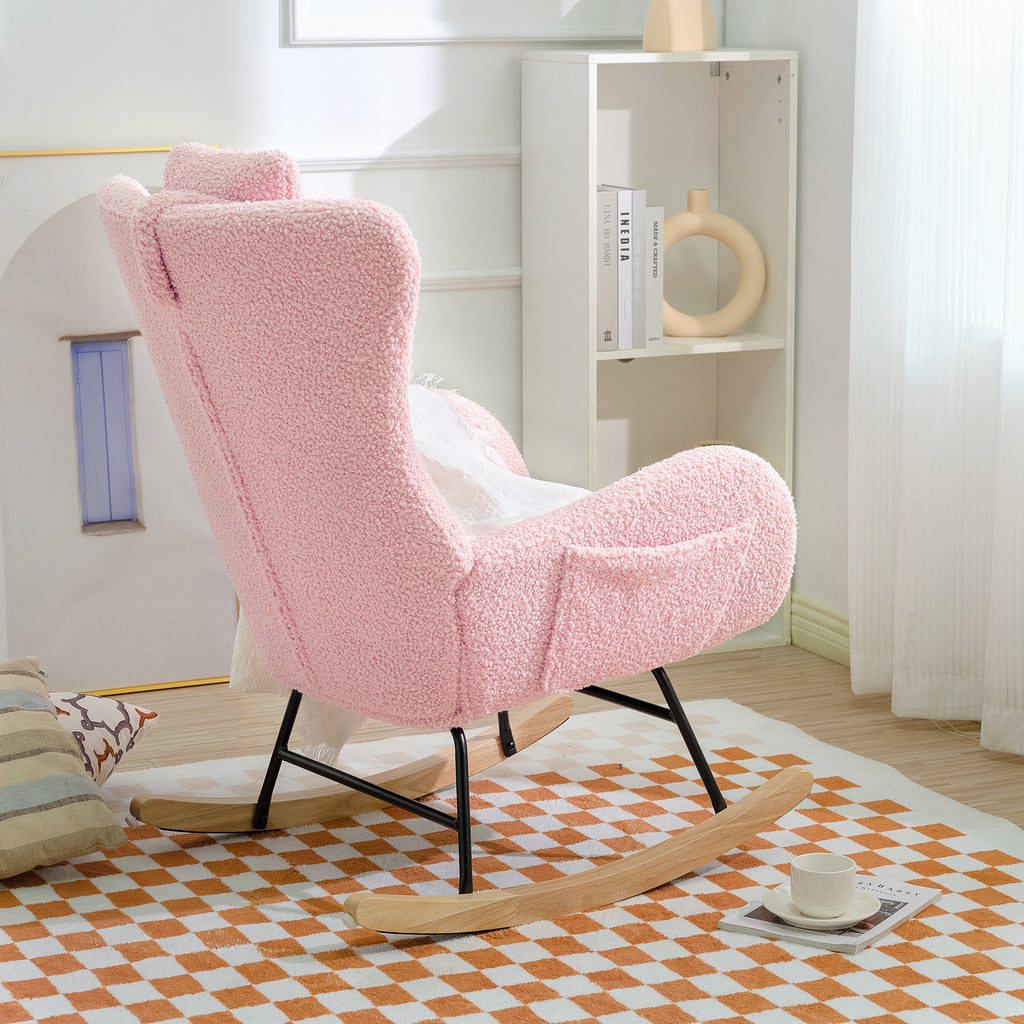 Rocking Chair Nursery, Teddy Upholstered Rocker Glider Chair with High Backrest, Adjustable Headrest & Pocket, Comfy Glider Chair for Nursery, Bedroom, Living Room, Offices, Rubber wood, pink - Grand Goldman Shop