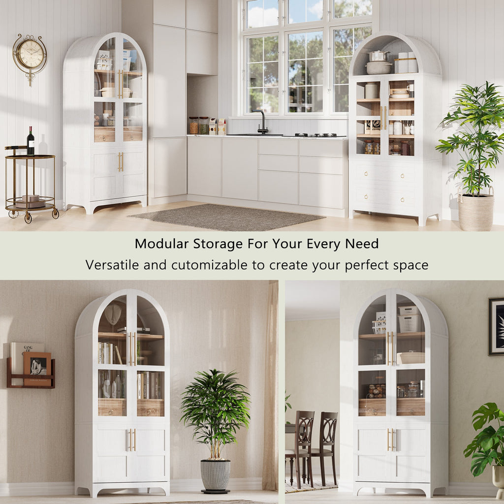 K&K 71' Tall Arched Kitchen Pantry Cabinet with Door Shelves, Farmhouse Kitchen Storage Cabinet with Open & Adjustable Shelves, Hidden Drawer & Glass Door, Cupboard for Kitchen, Dining Room, White - Grand Goldman Shop