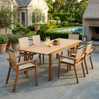 7-teiliges Outdoor-Esszimmer-Set aus Akazienholz, modernes Set mit 6 Stühlen und 1 großem Tisch, Essgarnitur für Rasen, Hinterhof, Garten, Terrasse, Pool, Beige